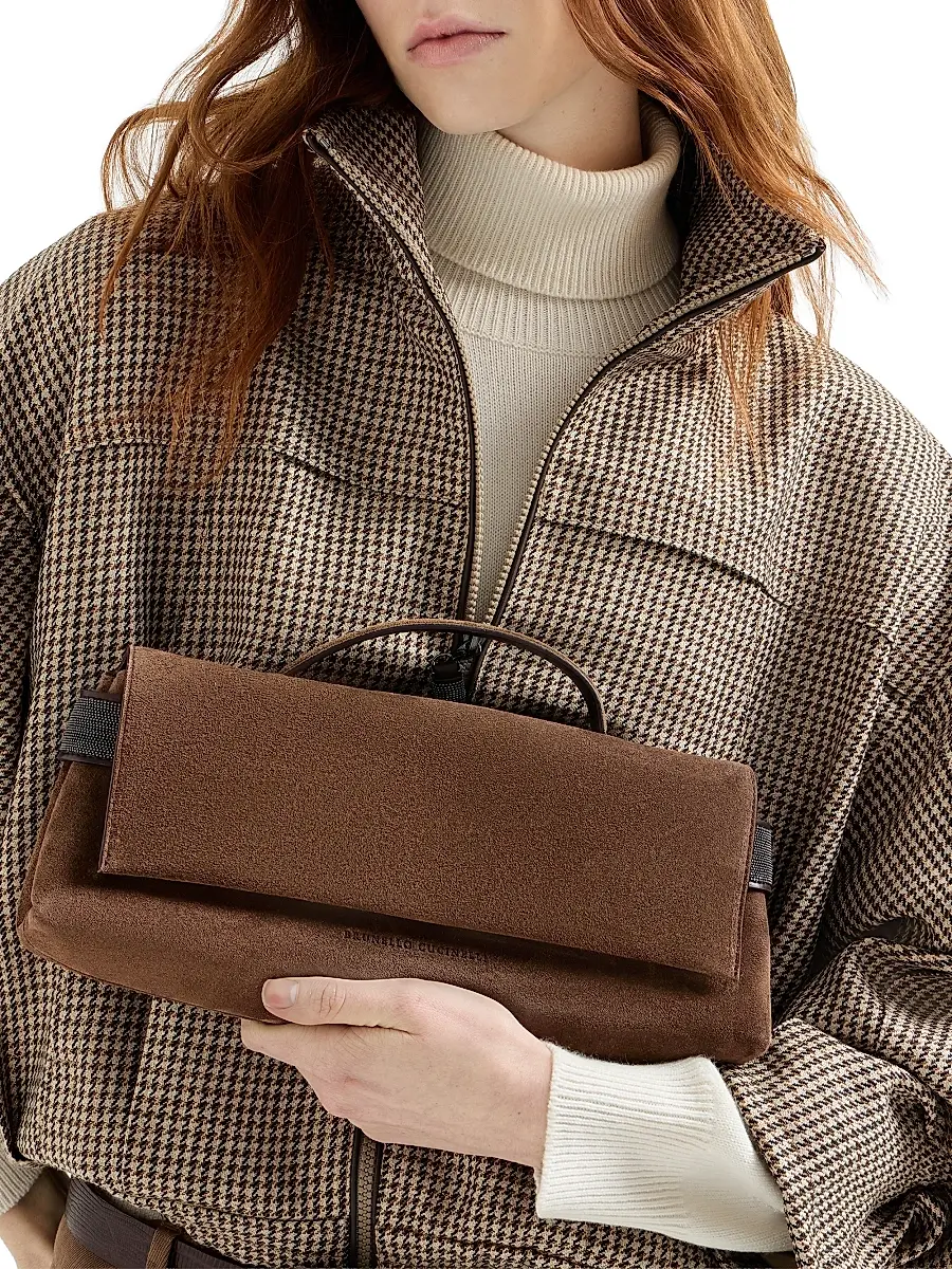Brunello Cucinelli Women's Essence Clutch Bag in Suede with Precious Bands - Brown | Thumbnail 2 Brunello Cucinelli Women's Essence Clutch Bag in Suede with Precious Bands - Brown | Thumbnail 2