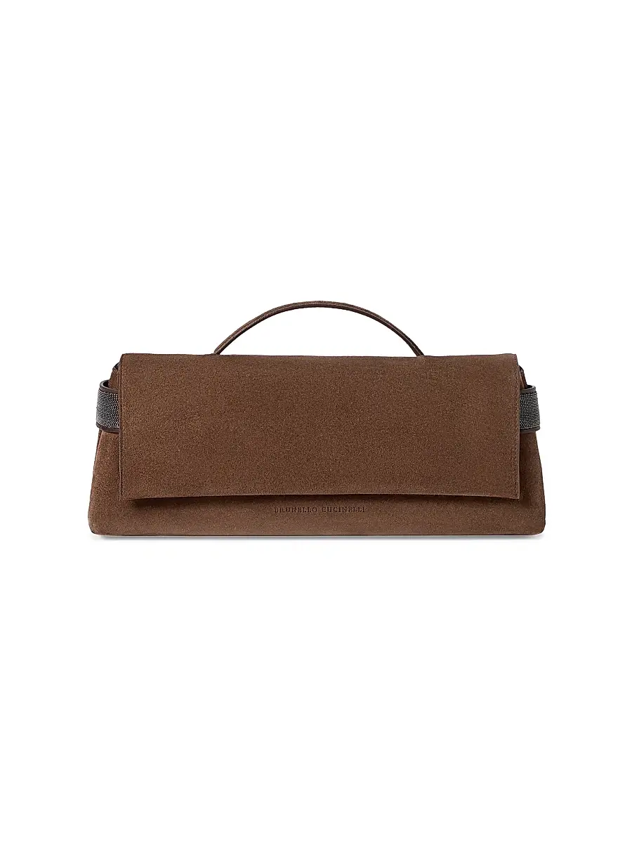 Brunello Cucinelli Women's Essence Clutch Bag in Suede with Precious Bands - Brown