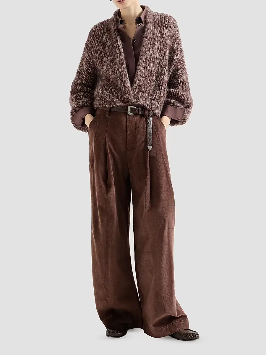 Brunello Cucinelli Women's Stretch Cotton and Cashmere Corduroy Five Pocket Baggy Pants with Monili - Chocolate | Thumbnail 2