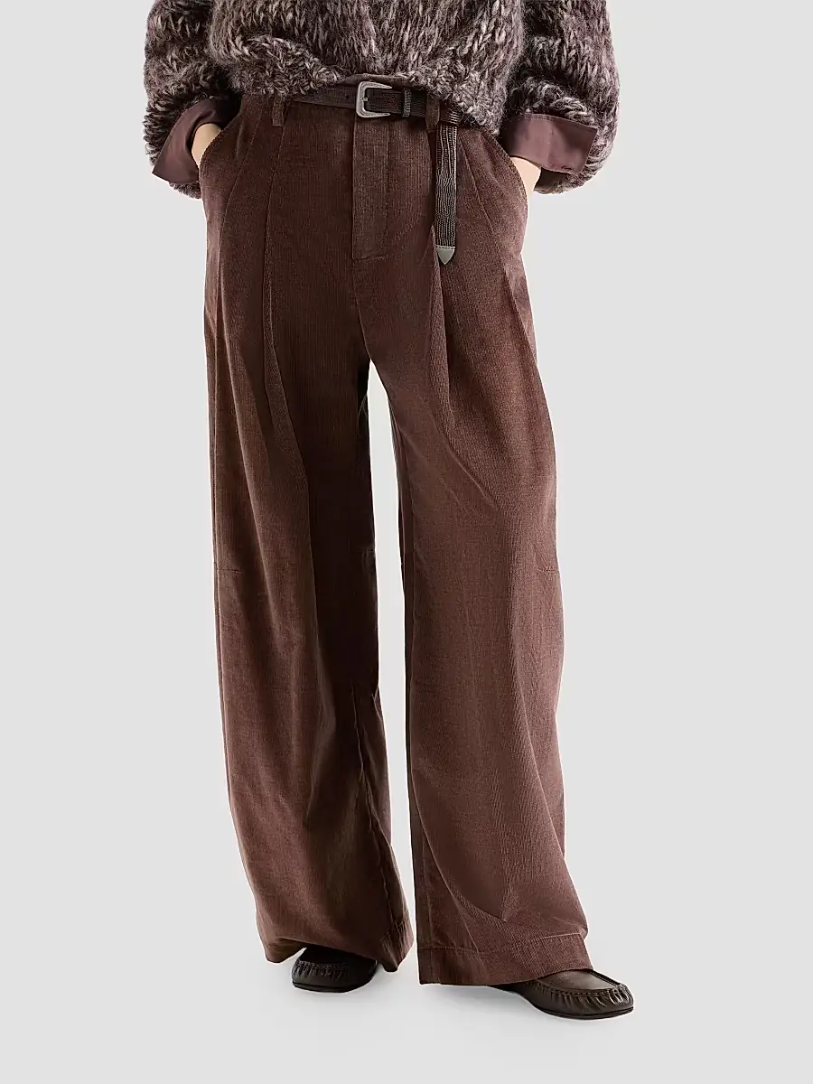 Brunello Cucinelli Women's Stretch Cotton and Cashmere Corduroy Five Pocket Baggy Pants with Monili - Chocolate | Thumbnail 3