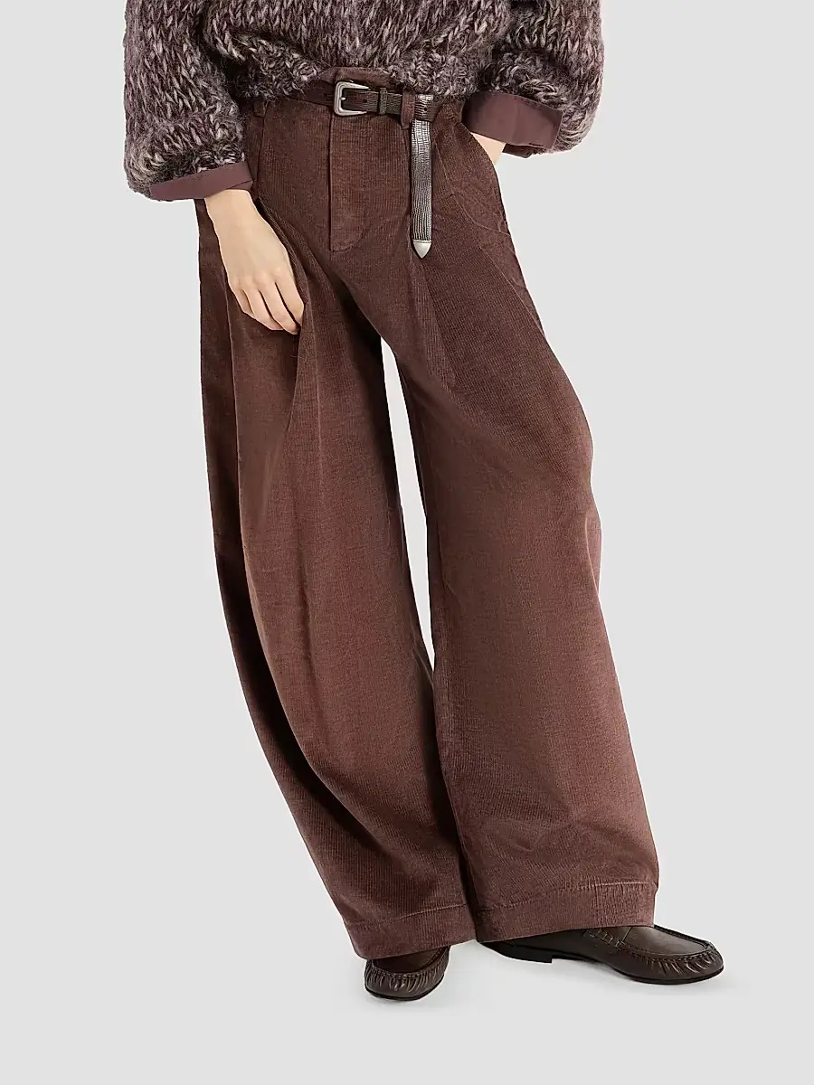 Brunello Cucinelli Women's Stretch Cotton and Cashmere Corduroy Five Pocket Baggy Pants with Monili - Chocolate | Thumbnail 4