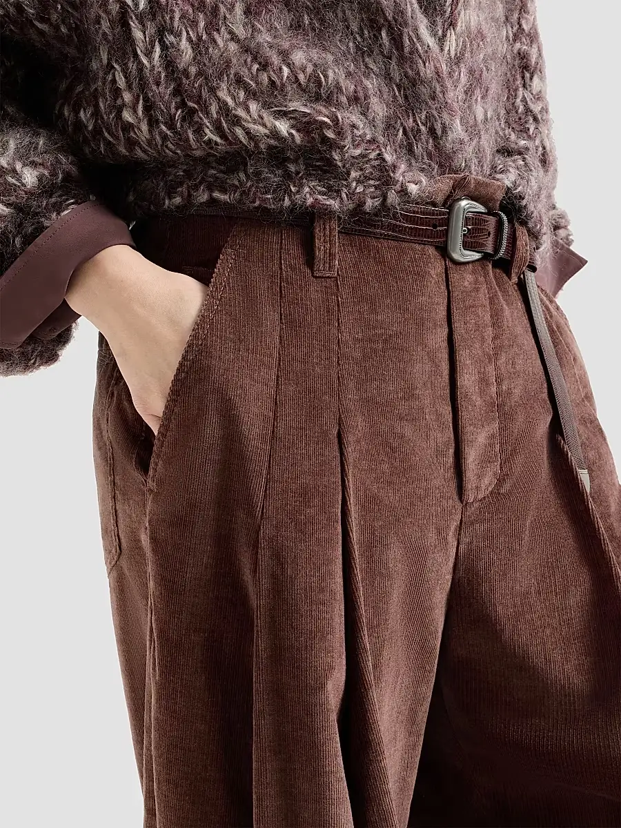 Brunello Cucinelli Women's Stretch Cotton and Cashmere Corduroy Five Pocket Baggy Pants with Monili - Chocolate | Thumbnail 6