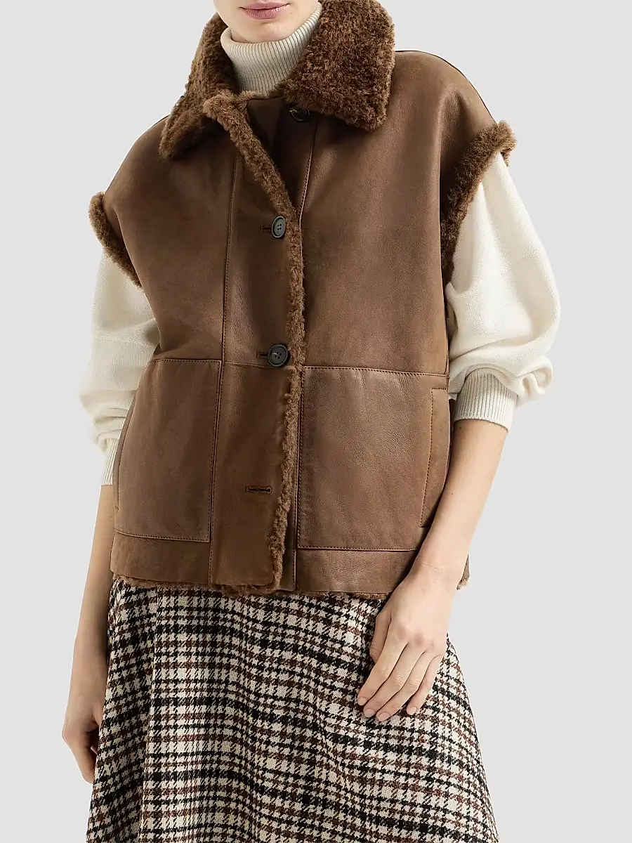 Brunello Cucinelli Women's Fuzzy Shearling Reversible Vest with Monili - Chocolate | Thumbnail 2 Brunello Cucinelli Women's Fuzzy Shearling Reversible Vest with Monili - Chocolate | Thumbnail 2