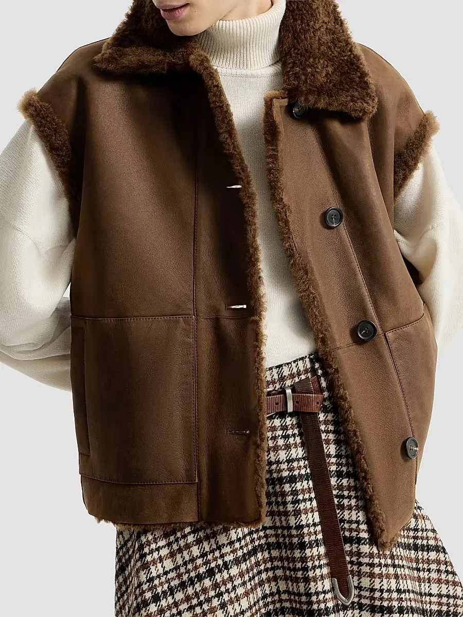 Brunello Cucinelli Women's Fuzzy Shearling Reversible Vest with Monili - Chocolate | Thumbnail 5 Brunello Cucinelli Women's Fuzzy Shearling Reversible Vest with Monili - Chocolate | Thumbnail 5