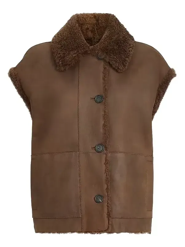 Brunello Cucinelli Women's Fuzzy Shearling Reversible Vest with Monili - Chocolate