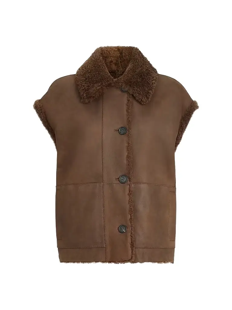 Brunello Cucinelli Women's Fuzzy Shearling Reversible Vest with Monili - Chocolate