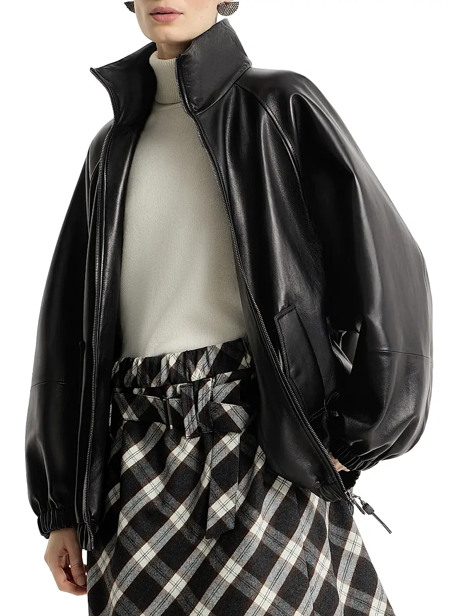 Brunello Cucinelli Women's Nappa Leather Bomber Jacket with Monili - Black | Thumbnail 3 Brunello Cucinelli Women's Nappa Leather Bomber Jacket with Monili - Black | Thumbnail 3