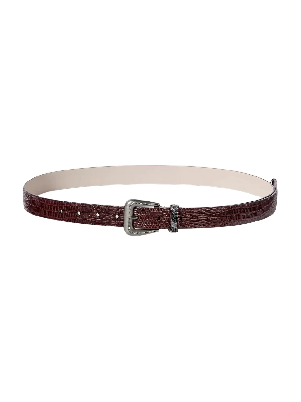 Brunello Cucinelli Women's Lizard Effect Calfskin Belt with Shiny Loop - Burgundy
