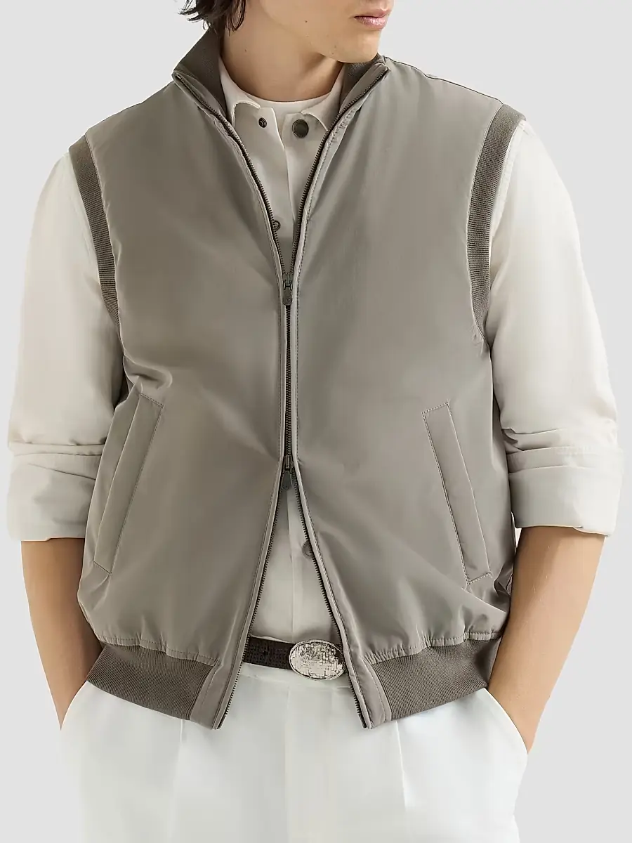 Brunello Cucinelli Men's Bonded Nylon Vest with Thermore Padding - Military | Thumbnail 2 Brunello Cucinelli Men's Bonded Nylon Vest with Thermore Padding - Military | Thumbnail 2