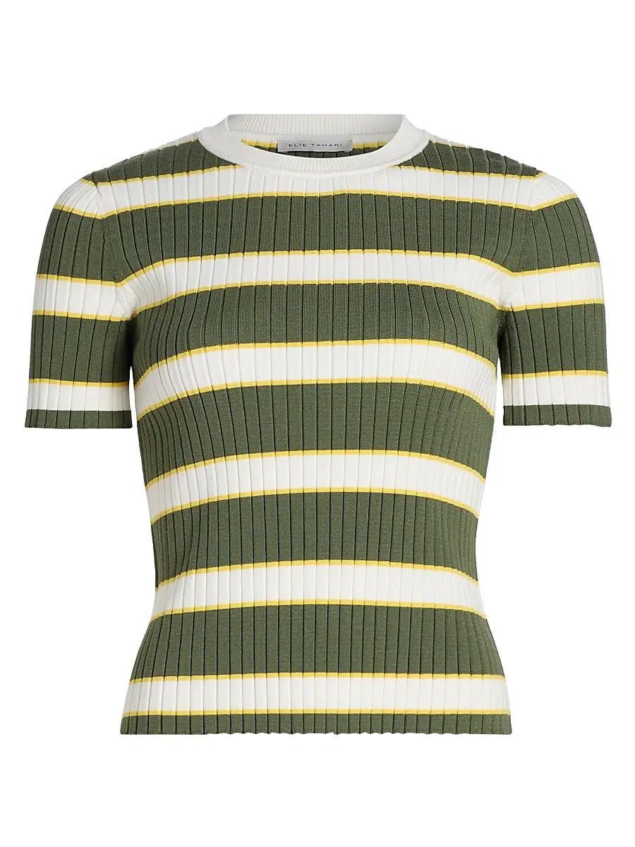 Elie Tahari Women's The Stevie Striped Rib-Knit Top - Dark Sage Stripe - Size XL | Image 1 Elie Tahari Women's The Stevie Striped Rib-Knit Top - Dark Sage Stripe - Size XL | Image 1