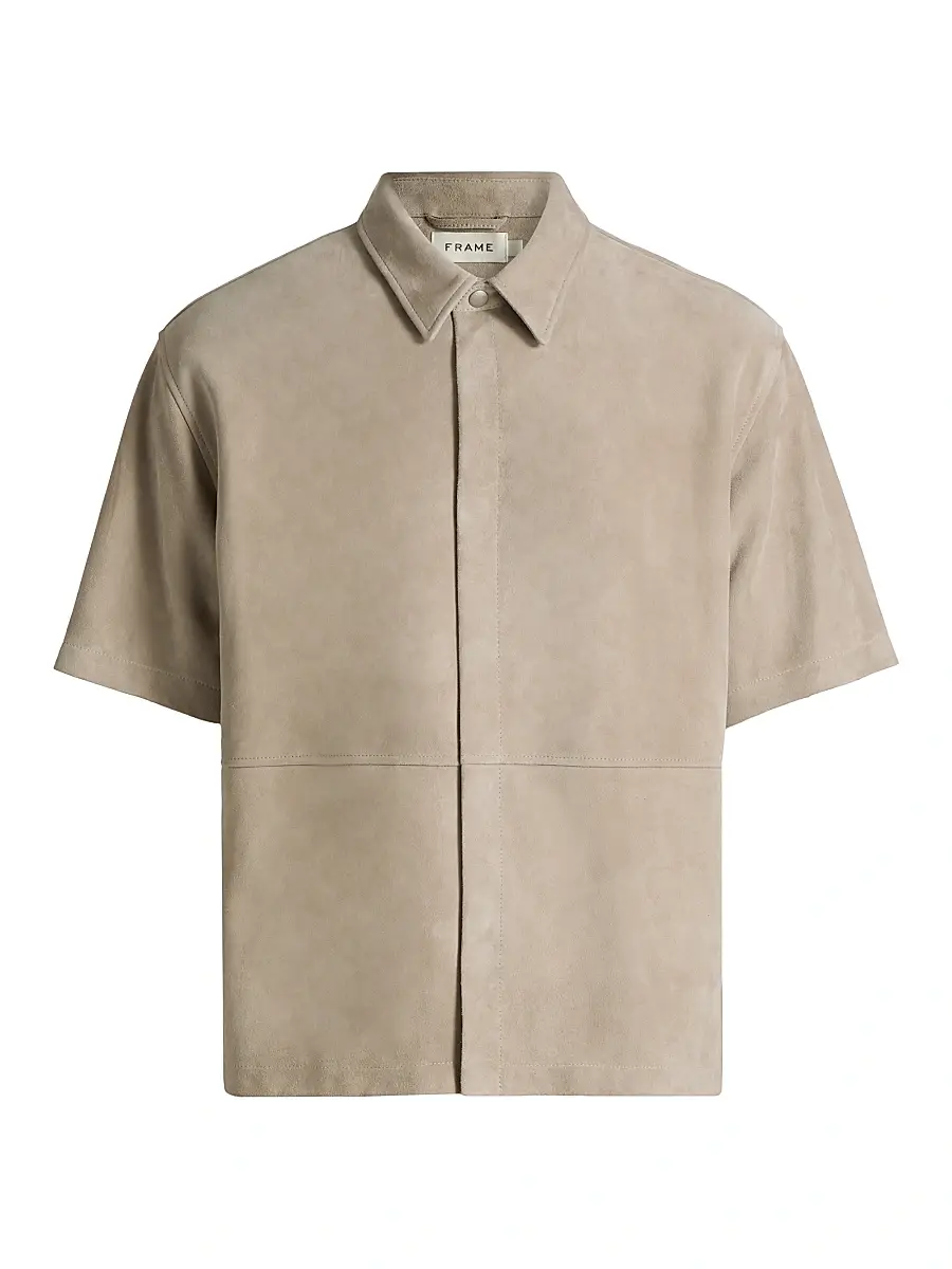 FRAME Men's Suede Button-Front Shirt - Dusty Beige | Image 1 FRAME Men's Suede Button-Front Shirt - Dusty Beige | Image 1