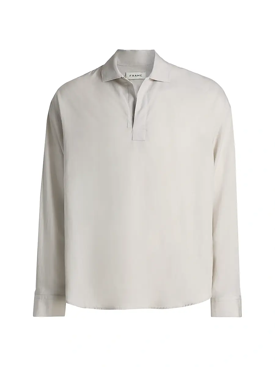 FRAME Men's Linen Long-Sleeve Polo Shirt - Dusty Beige | Image 1 FRAME Men's Linen Long-Sleeve Polo Shirt - Dusty Beige | Image 1