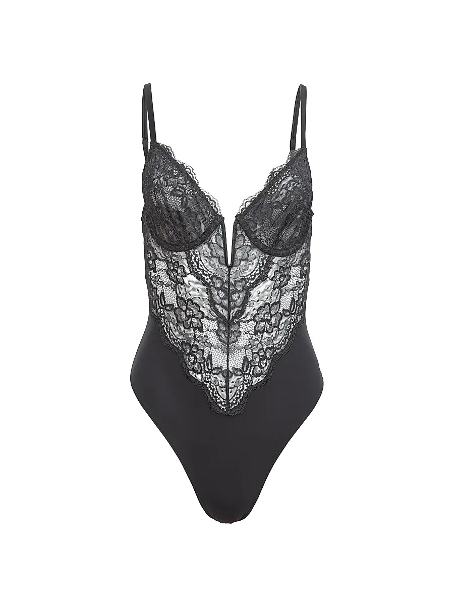 Fleur du Mal Women's Bianca Lace-Silk Bodysuit - Black - Size Large | Image 1 Fleur du Mal Women's Bianca Lace-Silk Bodysuit - Black - Size Large | Image 1