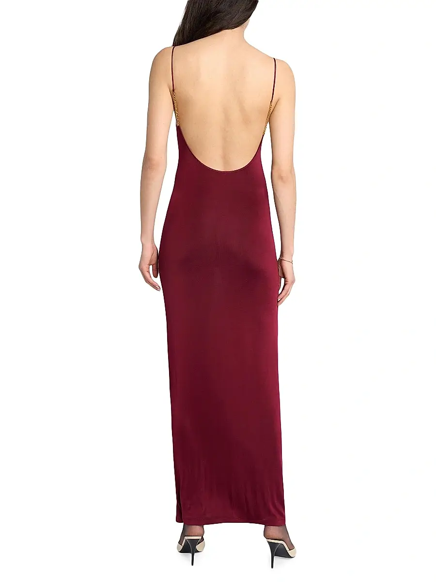Saint Laurent Women's Cassandre-Chain Backless Dress in Knit - Bordeaux | Thumbnail 4 Saint Laurent Women's Cassandre-Chain Backless Dress in Knit - Bordeaux | Thumbnail 4