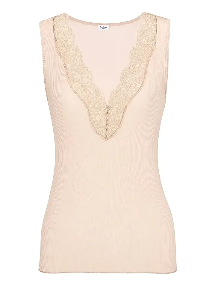 Women's Laced Tank Top in Ribbed Silk - Beige Women's Laced Tank Top in Ribbed Silk - Beige