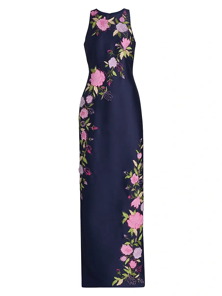 BADGLEY MISCHKA Women's Floral Stretch Mikado Column Gown - Navy - Size 16 | Image 1 BADGLEY MISCHKA Women's Floral Stretch Mikado Column Gown - Navy - Size 16 | Image 1