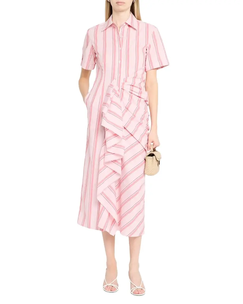 Rosie Assoulin Gathered Ruffle Striped Cotton Midi Shirtdress | Image 1 Rosie Assoulin Gathered Ruffle Striped Cotton Midi Shirtdress | Image 1