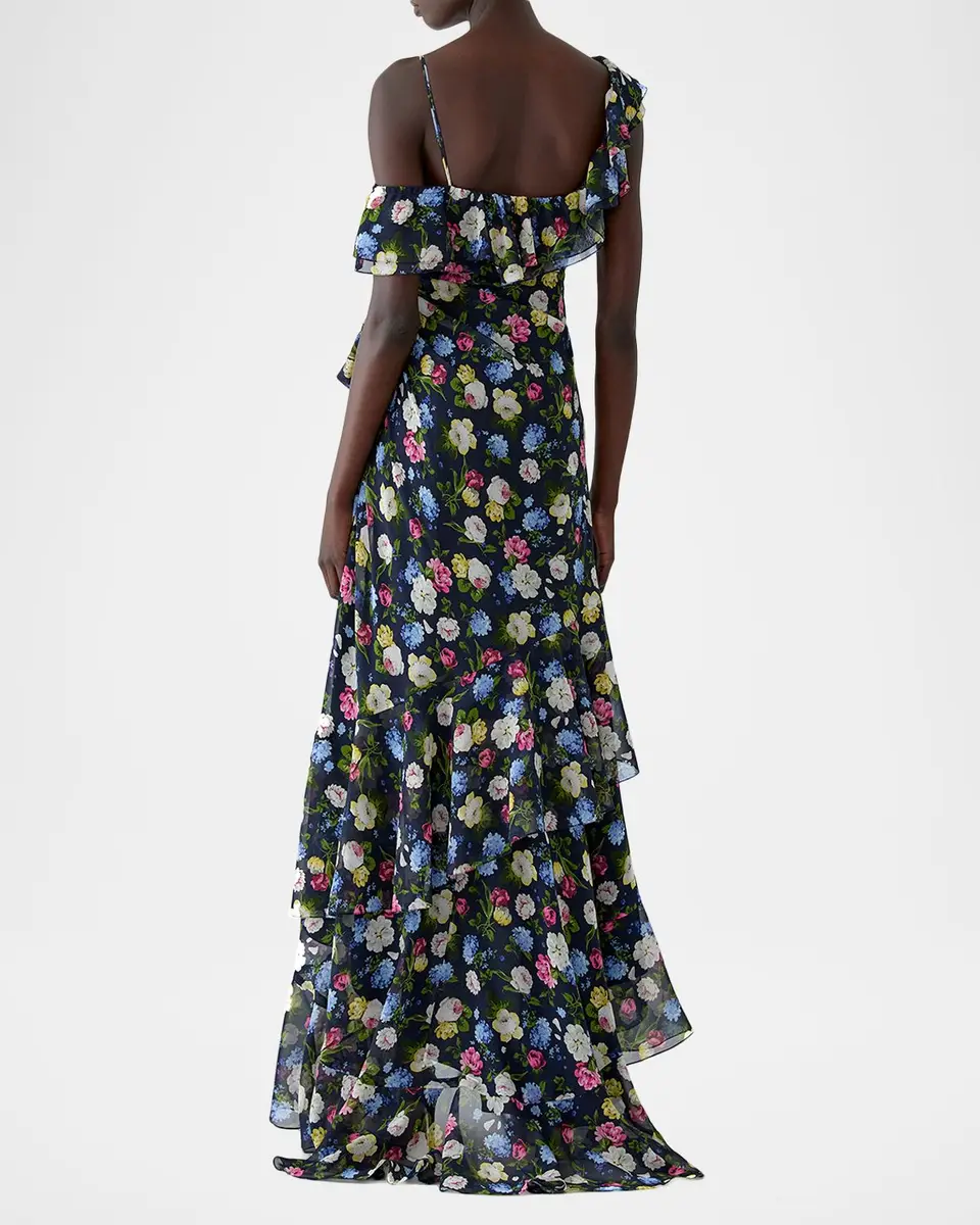 Carolina Herrera Floral-Print Silk Chiffon Asymmetric Ruffle Gown | Thumbnail 3