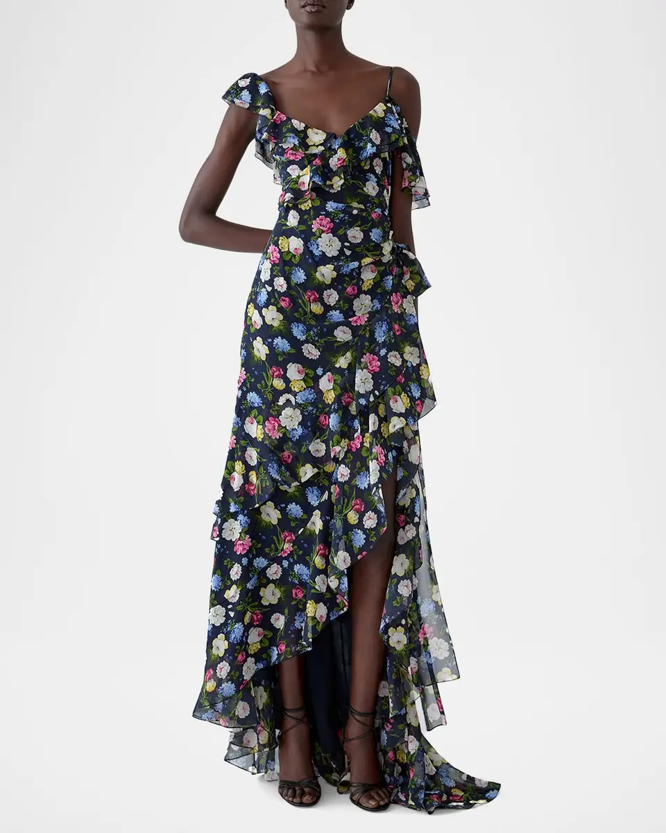 Carolina Herrera Floral-Print Silk Chiffon Asymmetric Ruffle Gown | Thumbnail 4