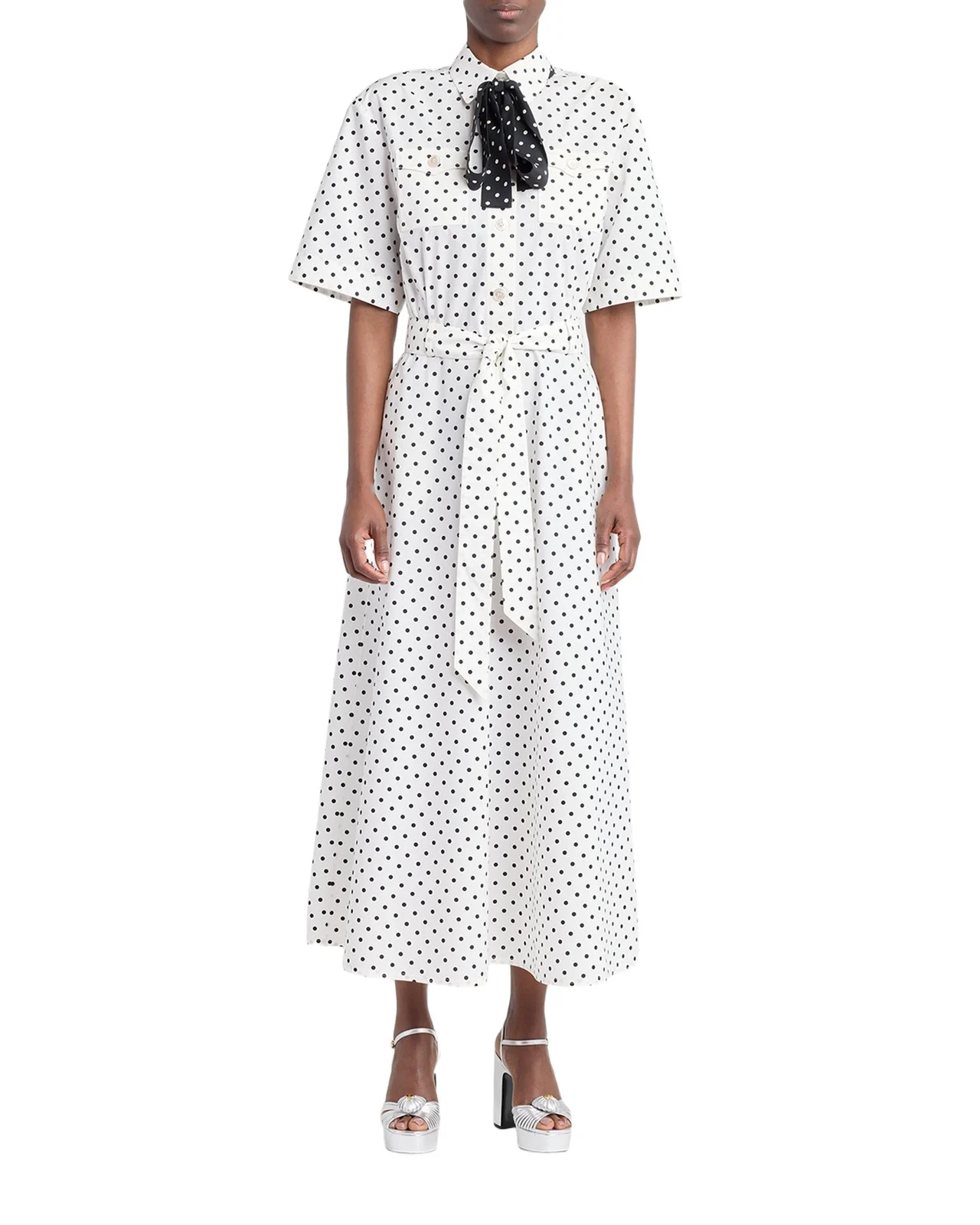 Polkadot-Print Cotton Neck-Scarf Midi Shirtdress