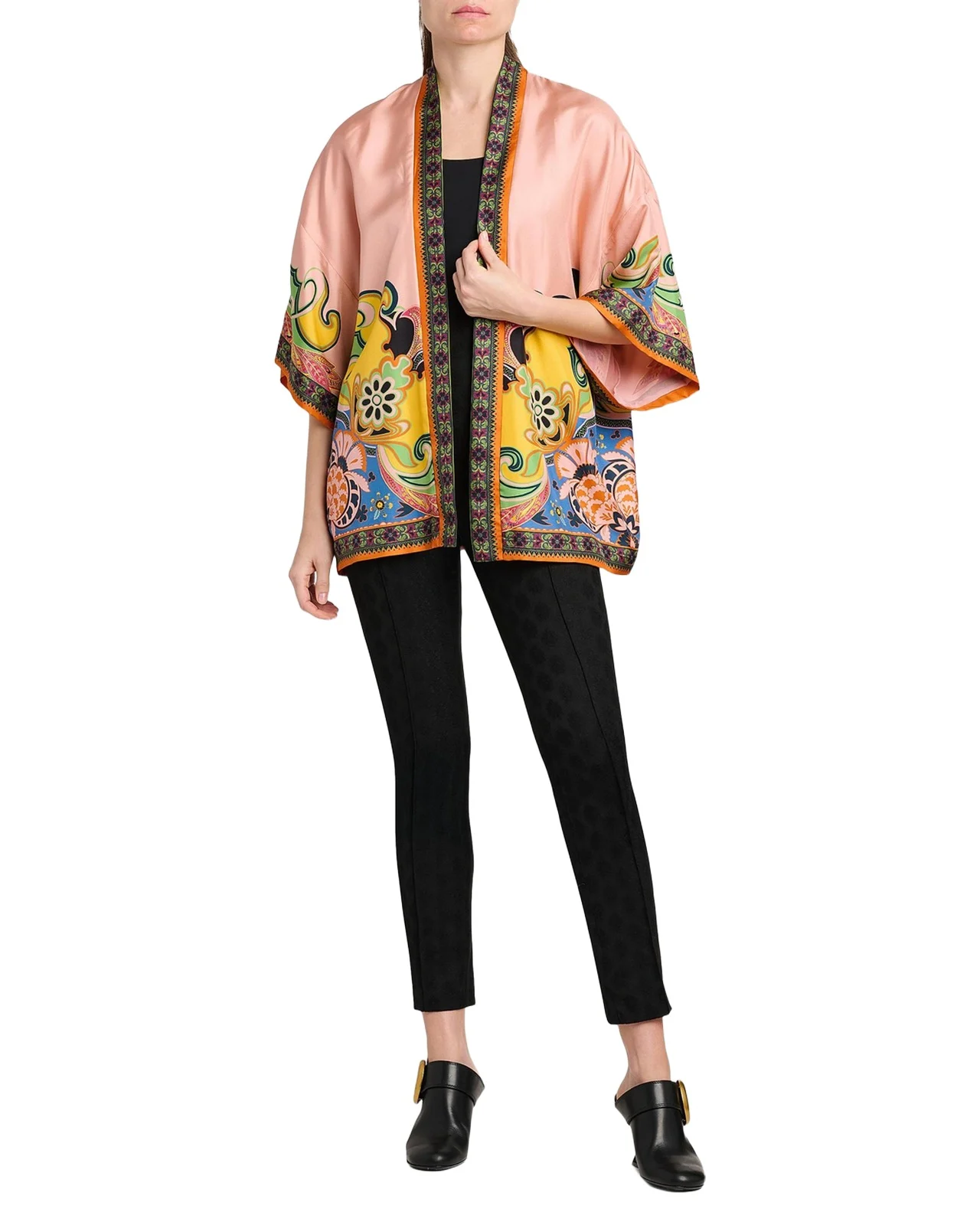 Kesa Printed Silk Short-Sleeve Open Jacket Kesa Printed Silk Short-Sleeve Open Jacket