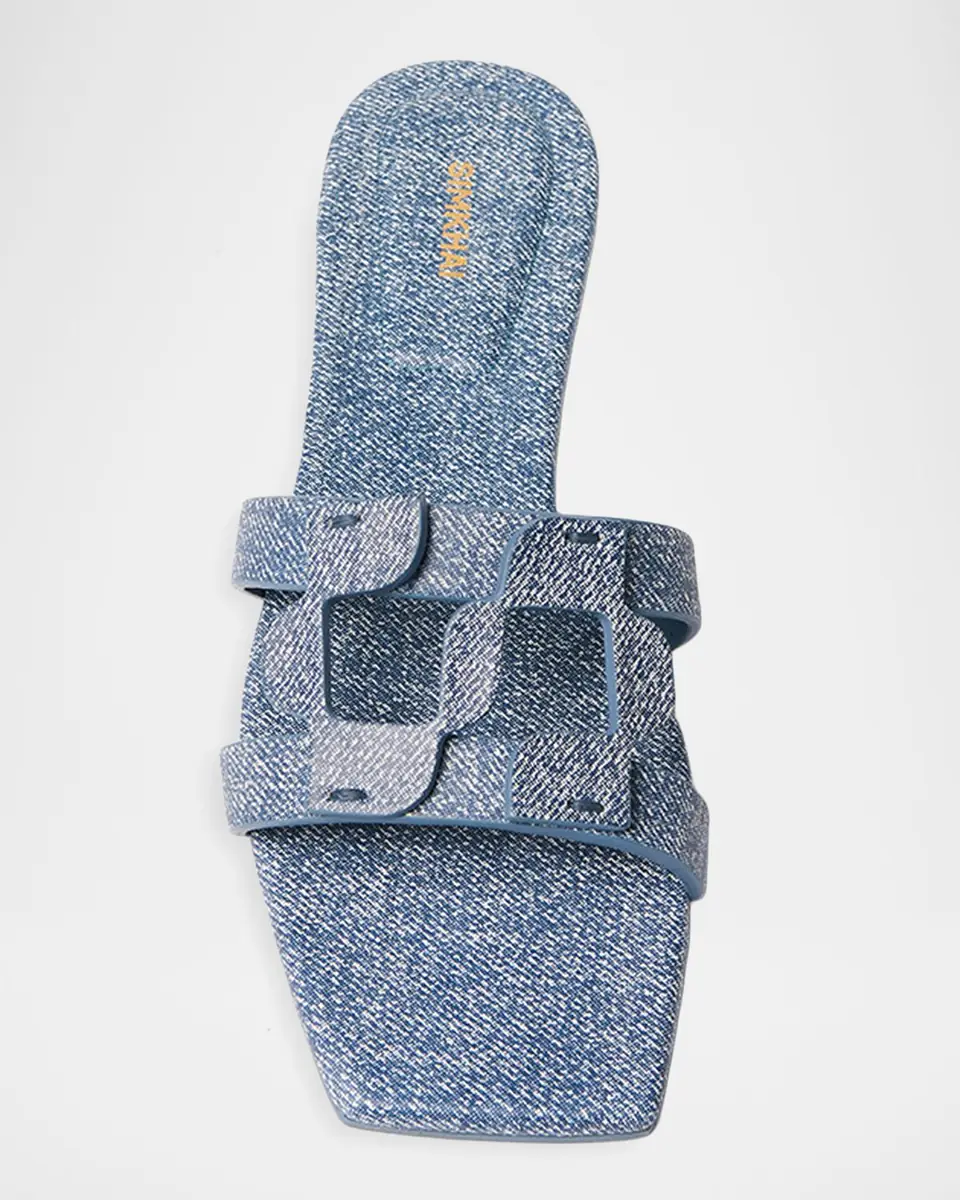 Simkhai Monogram Denim-Printed Leather Slides | Thumbnail 2 Simkhai Monogram Denim-Printed Leather Slides | Thumbnail 2