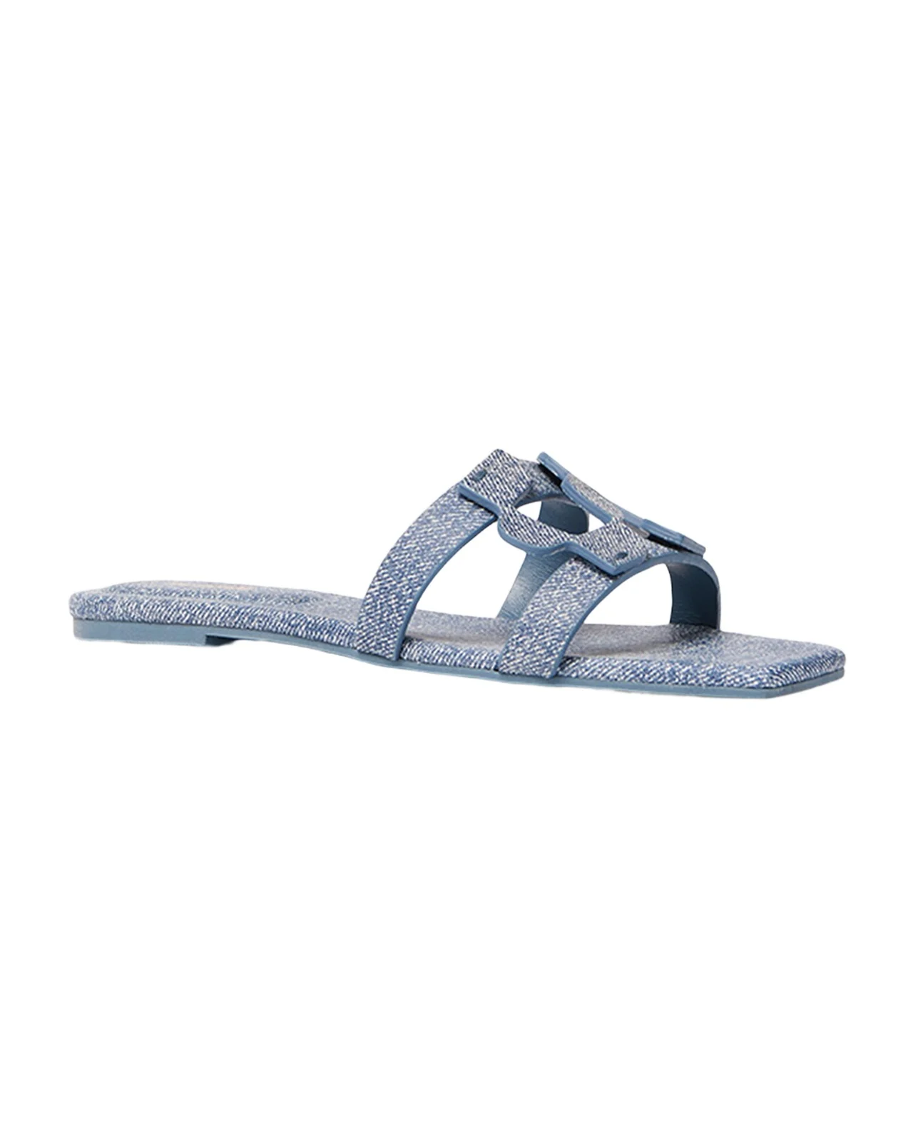 Simkhai Monogram Denim-Printed Leather Slides