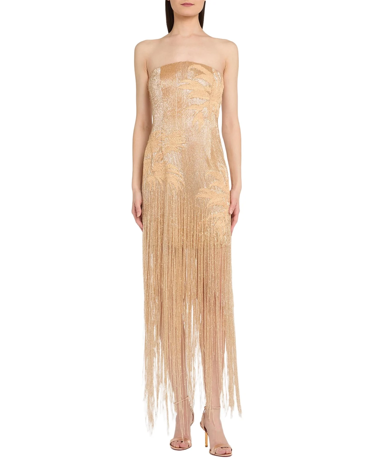 Strapless Palm Raffia Embroidered Fringe Gown Strapless Palm Raffia Embroidered Fringe Gown