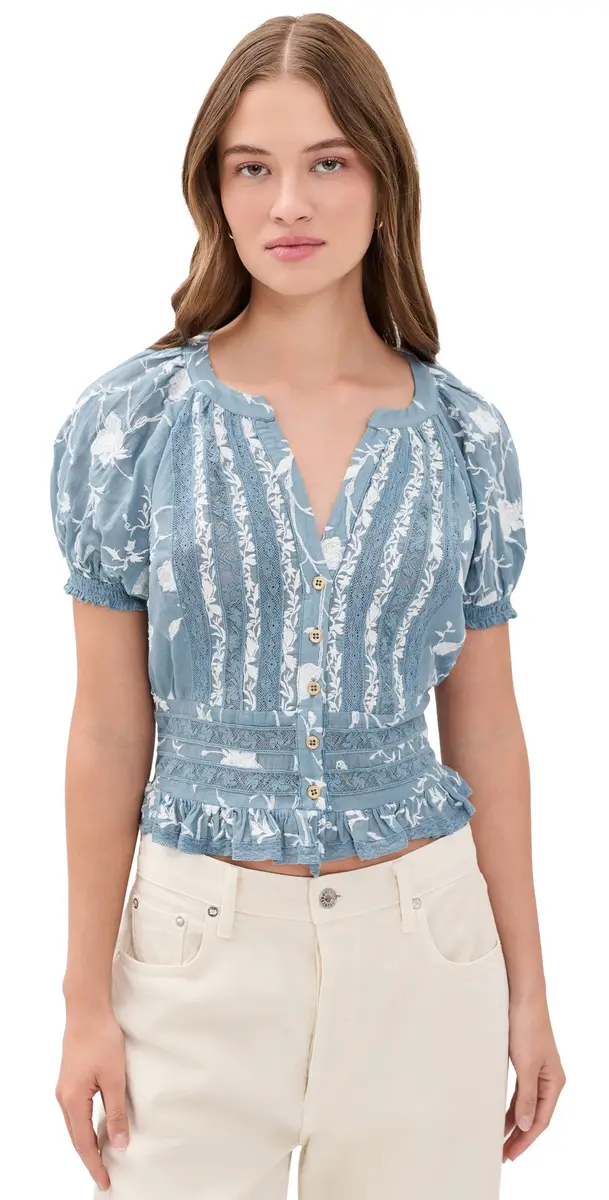 Alice + Olivia Kathryn Embroidered Blouse Deep Denim Blue/Vanilla L | Image 1 Alice + Olivia Kathryn Embroidered Blouse Deep Denim Blue/Vanilla L | Image 1