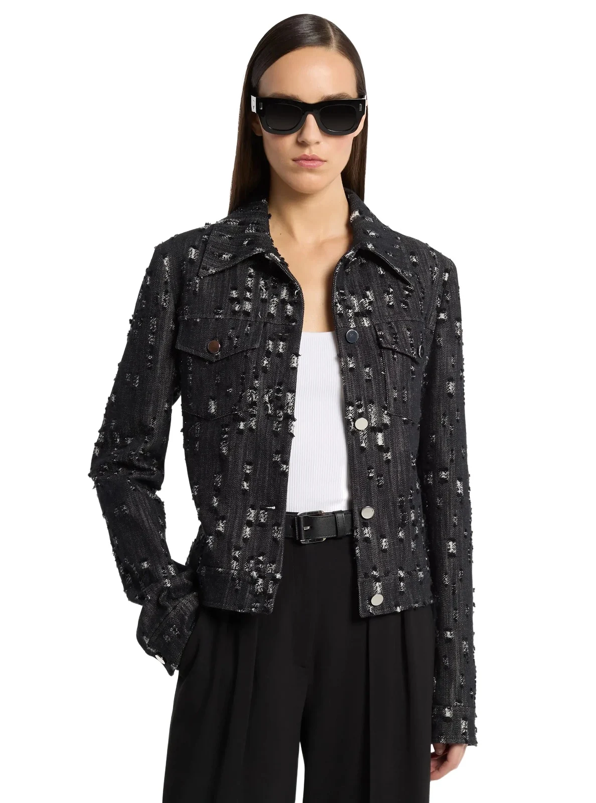 Michael Kors Collection Frayed Denim Jacket in Black