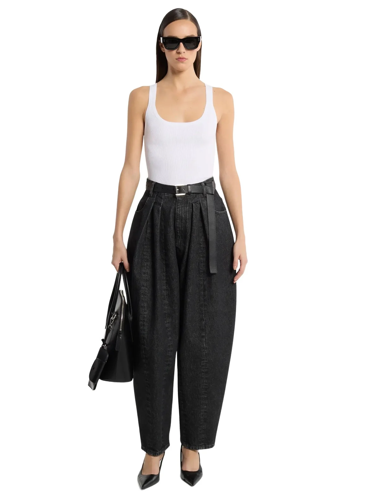 Courtney Pleated Denim Barrel Jeans in Black