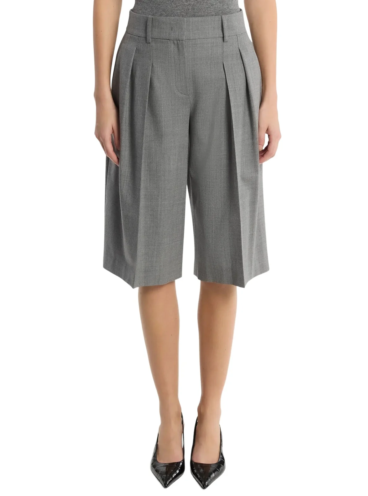 Pleated Wool Blend Trouser Shorts in Grey Pleated Wool Blend Trouser Shorts in Grey