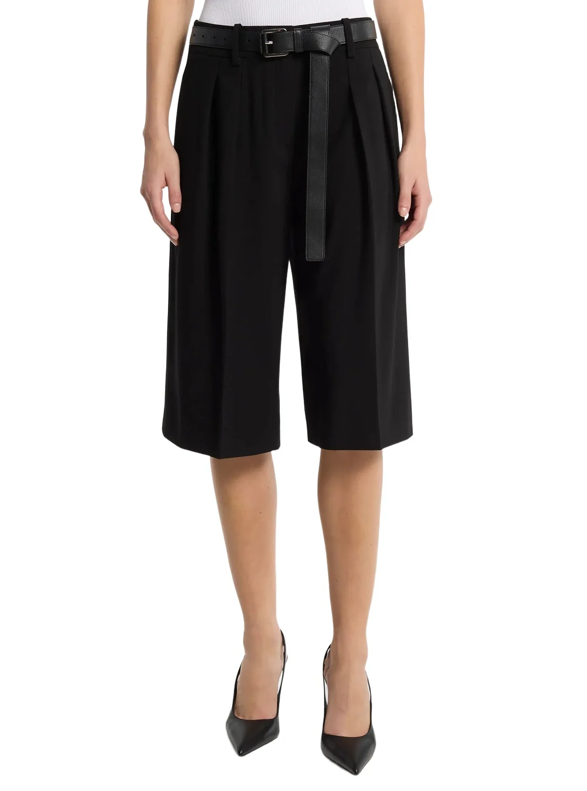 Pleated Wool Blend Trouser Shorts in Black Pleated Wool Blend Trouser Shorts in Black