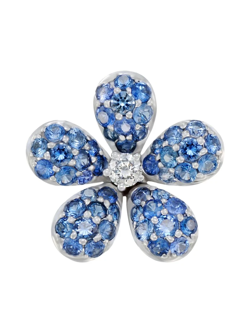 White Gold Blue Sapphire and Diamond Flower Earring, Single White Gold Blue Sapphire and Diamond Flower Earring, Single