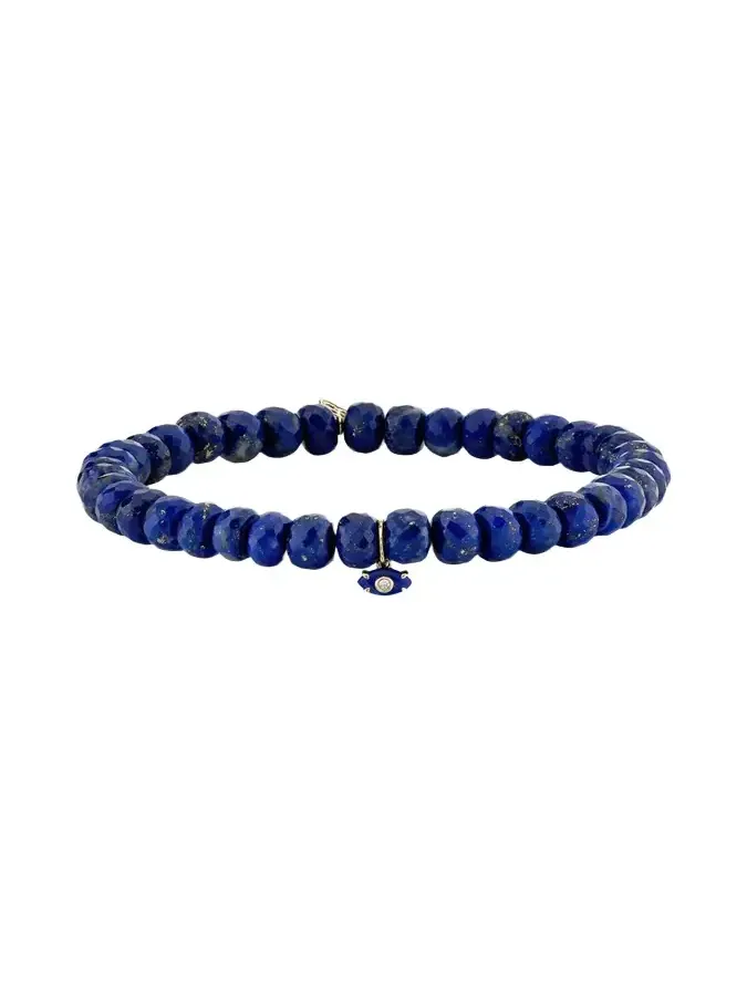 14K Yellow Gold Tiny Carved Lapis Evil Eye Charm on Lapis Rondelle Bracelet 14K Yellow Gold Tiny Carved Lapis Evil Eye Charm on Lapis Rondelle Bracelet