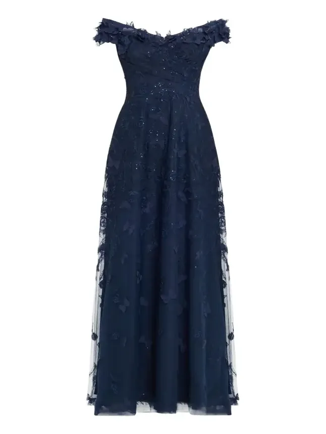 Off-Shoulder Floral-Embroidered Tulle Gown
