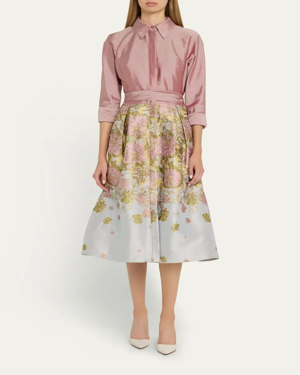Rickie Freeman for Teri Jon Pleated Floral Jacquard Midi Shirtdress | Thumbnail 2