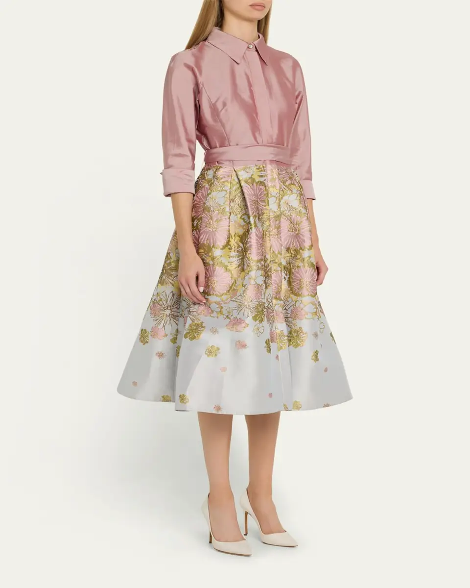 Rickie Freeman for Teri Jon Pleated Floral Jacquard Midi Shirtdress | Thumbnail 4