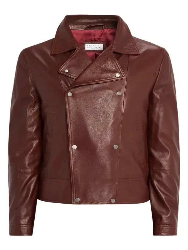 Brunello Cucinelli Men's Double-Breasted Grained Leather Jacket