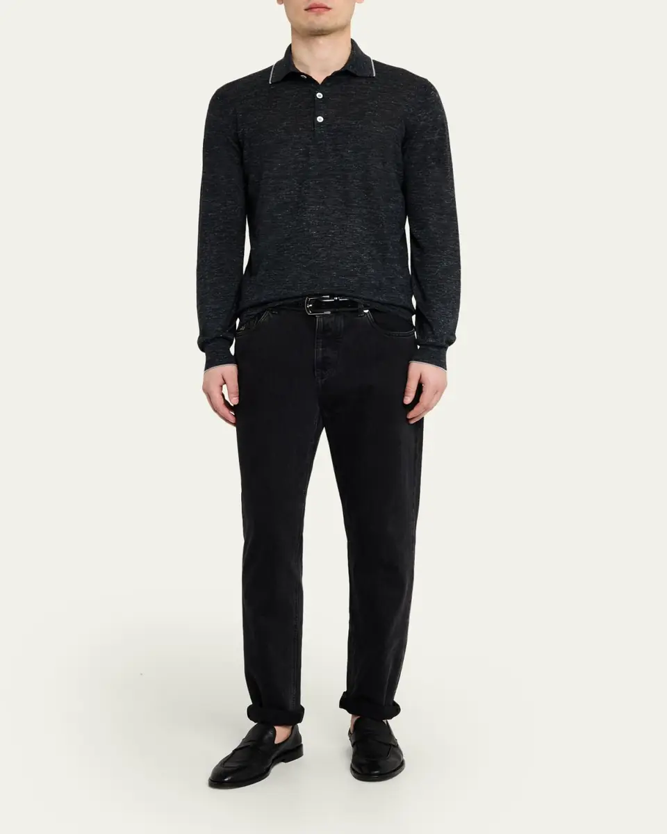 Brunello Cucinelli Men's Cashmere Tipped-Collar Polo Sweater | Thumbnail 2 Brunello Cucinelli Men's Cashmere Tipped-Collar Polo Sweater | Thumbnail 2
