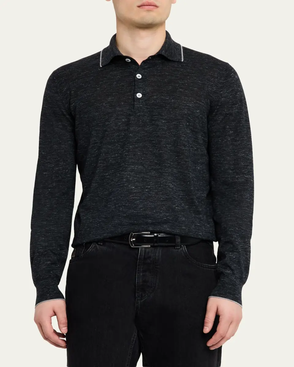 Brunello Cucinelli Men's Cashmere Tipped-Collar Polo Sweater | Thumbnail 4 Brunello Cucinelli Men's Cashmere Tipped-Collar Polo Sweater | Thumbnail 4