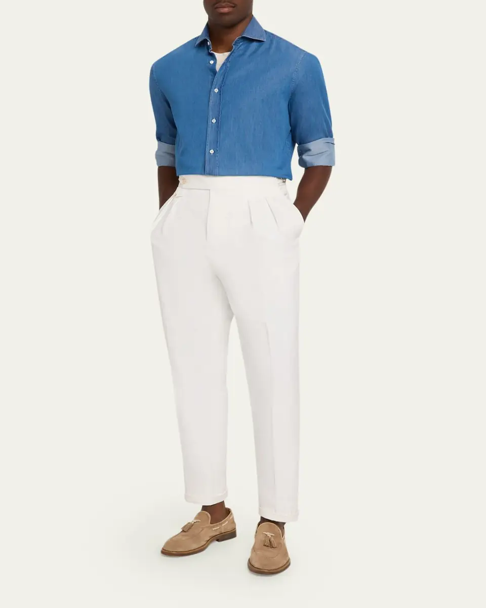 Brunello Cucinelli Men's Cotton Denim Button-Down Shirt | Thumbnail 2