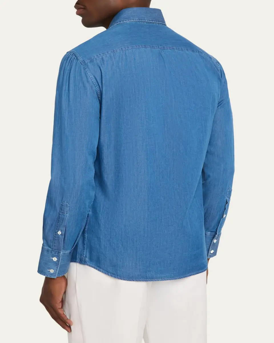 Brunello Cucinelli Men's Cotton Denim Button-Down Shirt | Thumbnail 3