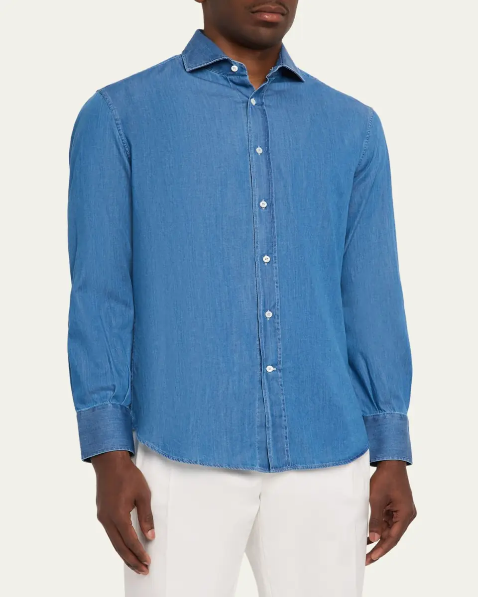 Brunello Cucinelli Men's Cotton Denim Button-Down Shirt | Thumbnail 4
