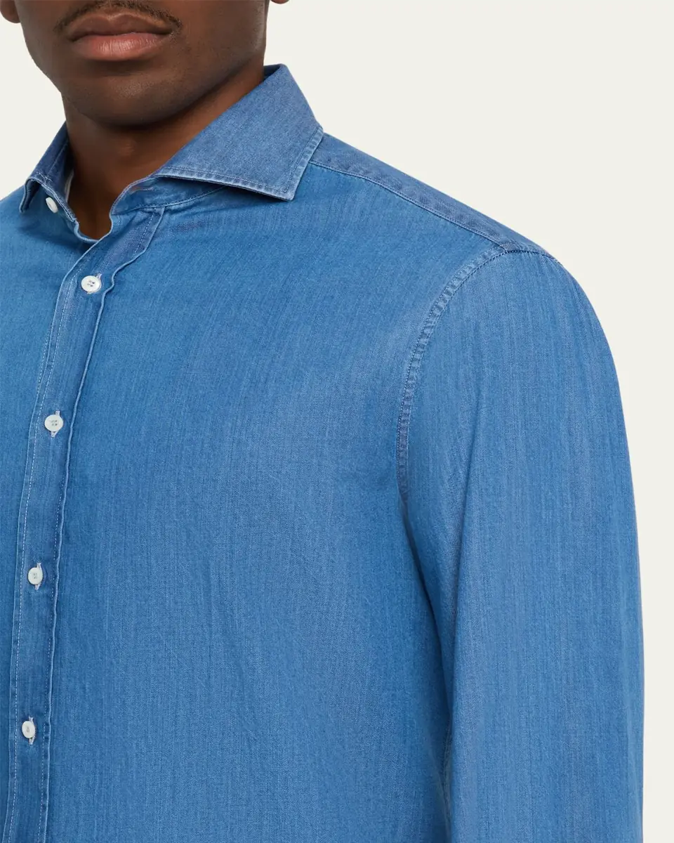 Brunello Cucinelli Men's Cotton Denim Button-Down Shirt | Thumbnail 5