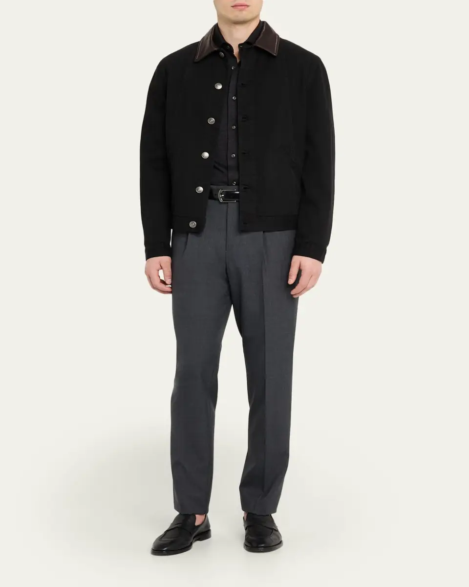 Brunello Cucinelli Men's Garment-Dyed Denim Leather-Collar Shirt Jacket | Thumbnail 2 Brunello Cucinelli Men's Garment-Dyed Denim Leather-Collar Shirt Jacket | Thumbnail 2