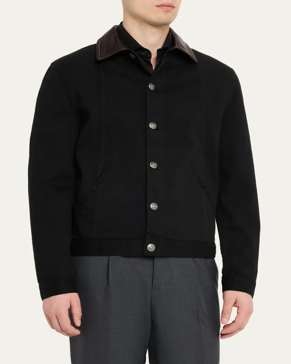 Brunello Cucinelli Men's Garment-Dyed Denim Leather-Collar Shirt Jacket | Thumbnail 4 Brunello Cucinelli Men's Garment-Dyed Denim Leather-Collar Shirt Jacket | Thumbnail 4