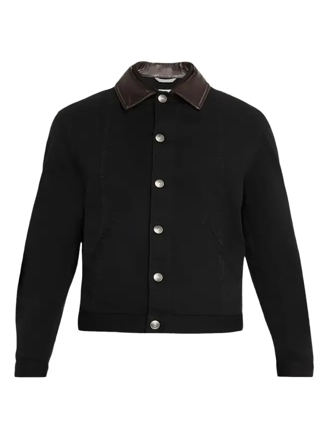 Men's Garment-Dyed Denim Leather-Collar Shirt Jacket Men's Garment-Dyed Denim Leather-Collar Shirt Jacket