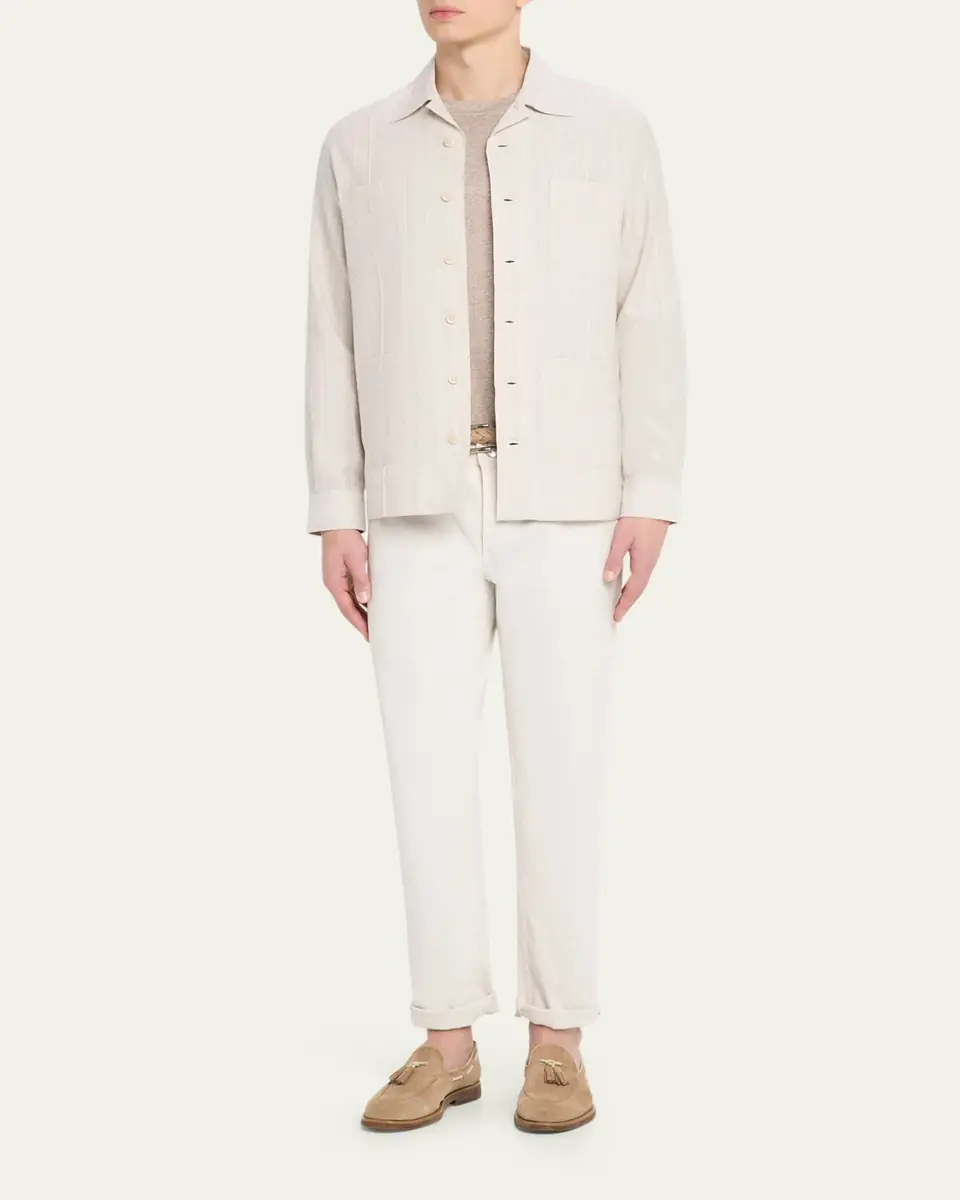 Brunello Cucinelli Men's Cotton and Linen Stripe Button-Down Shirt | Thumbnail 2 Brunello Cucinelli Men's Cotton and Linen Stripe Button-Down Shirt | Thumbnail 2