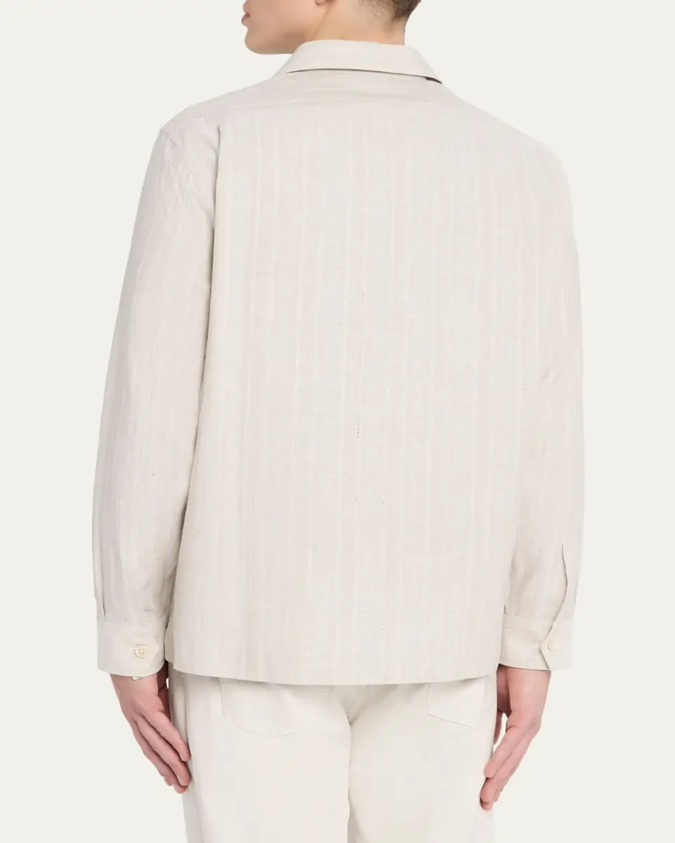 Brunello Cucinelli Men's Cotton and Linen Stripe Button-Down Shirt | Thumbnail 3 Brunello Cucinelli Men's Cotton and Linen Stripe Button-Down Shirt | Thumbnail 3